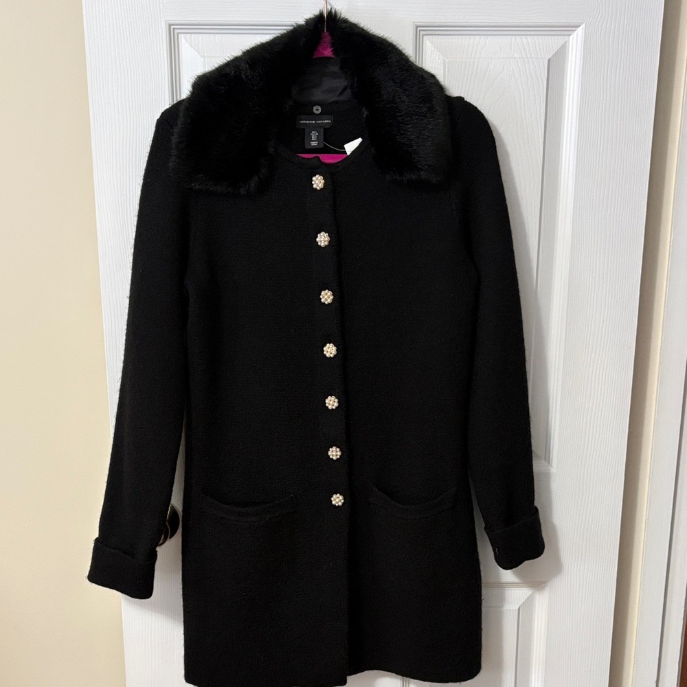 Adrienne Vittadini Black Sweater Coat with Faux Fur Collar